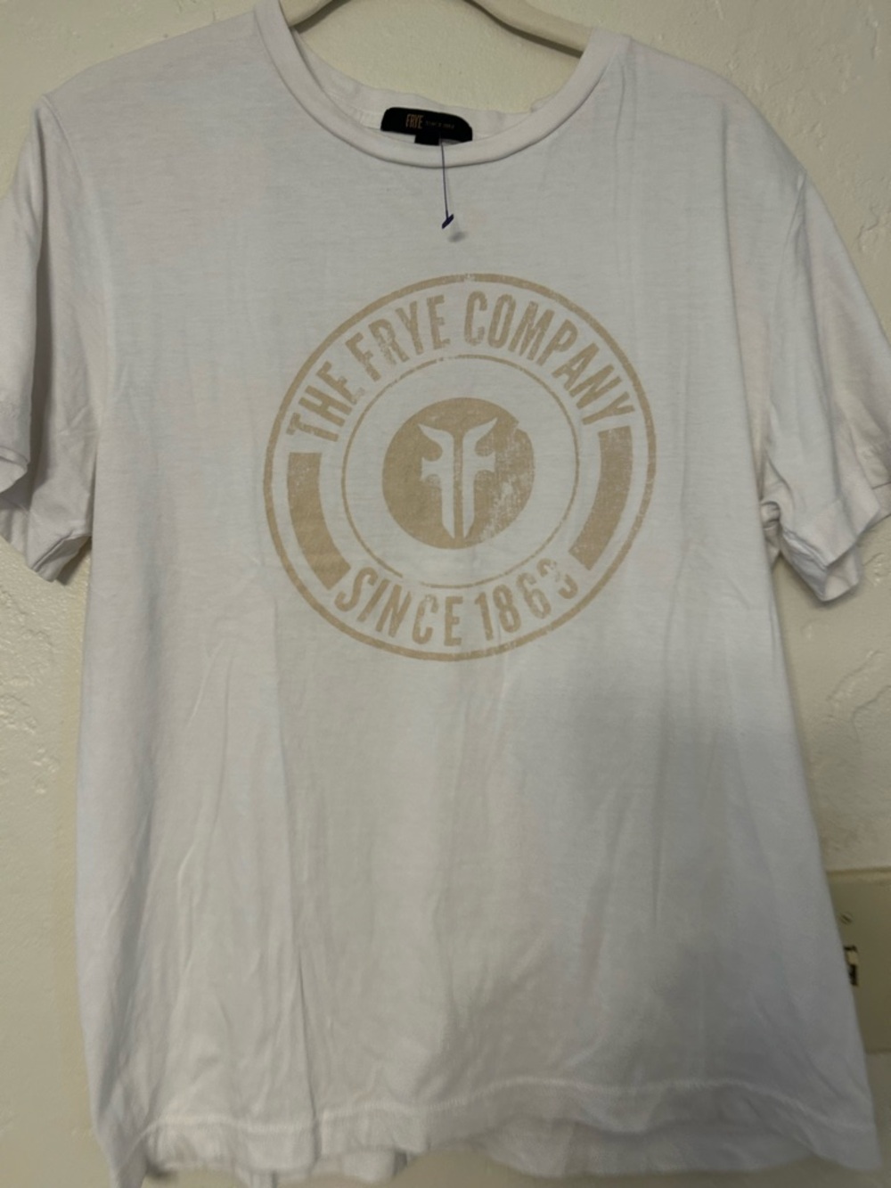 Frye White Short Sleeve Tee with Tan Logo Emblem
